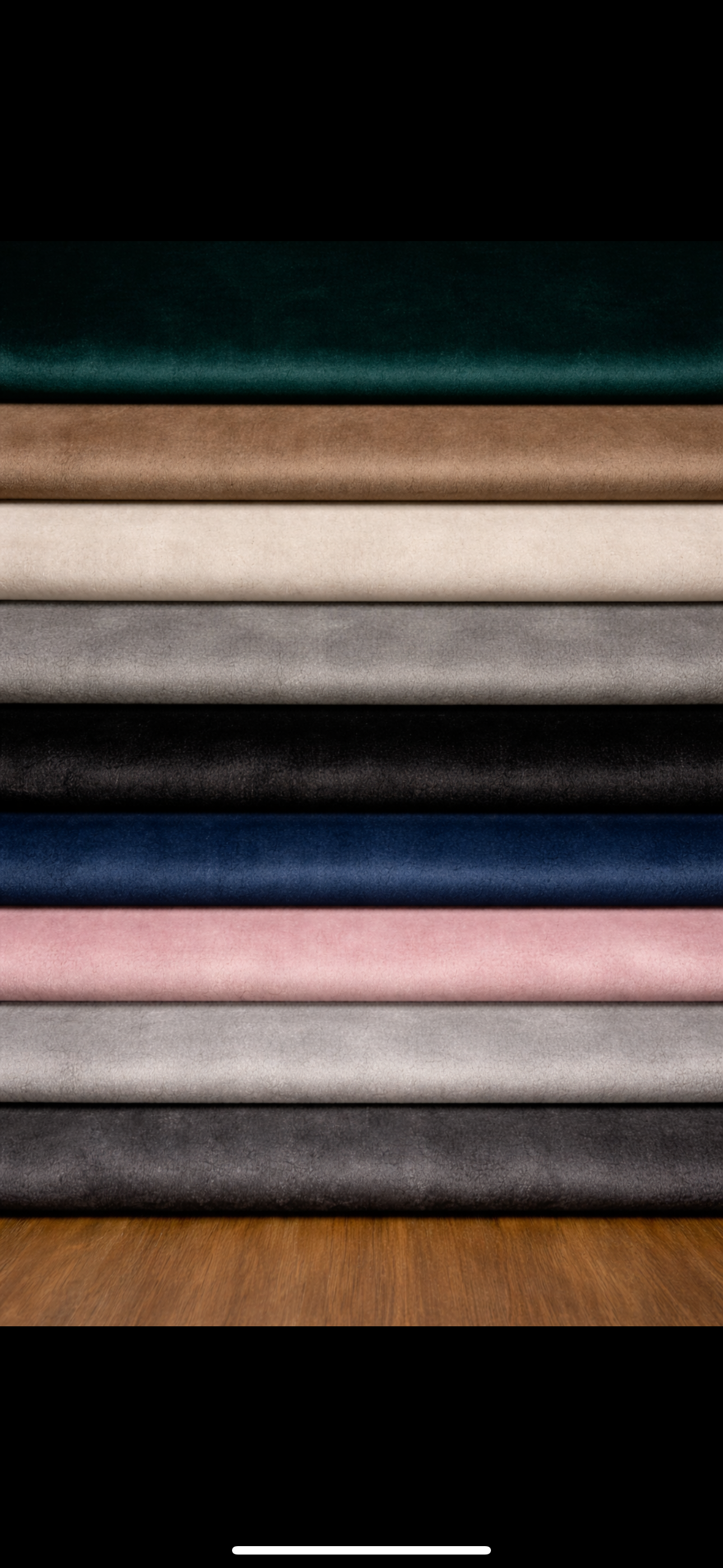 Velvet fabric colour options — emerald, camel, cream, grey, black, navy, blush pink and charcoal