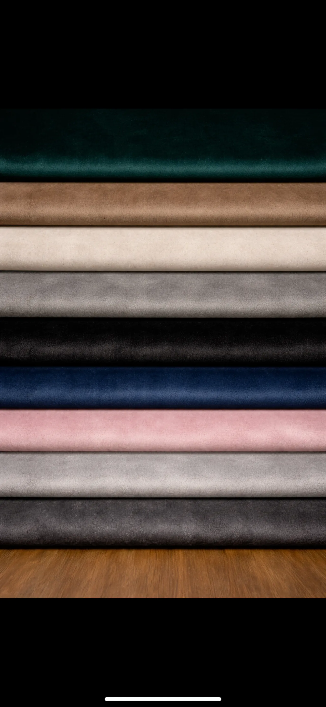 Velvet fabric colour options — emerald, camel, cream, grey, black, navy, blush pink and charcoal
