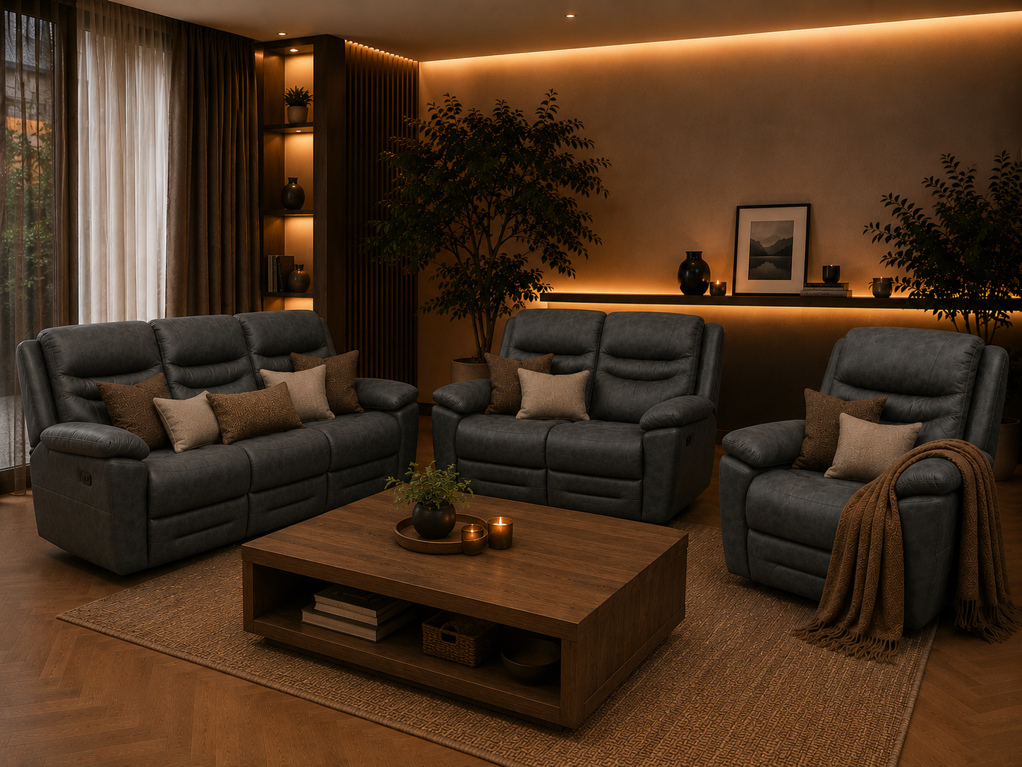 London recliner suite in grey